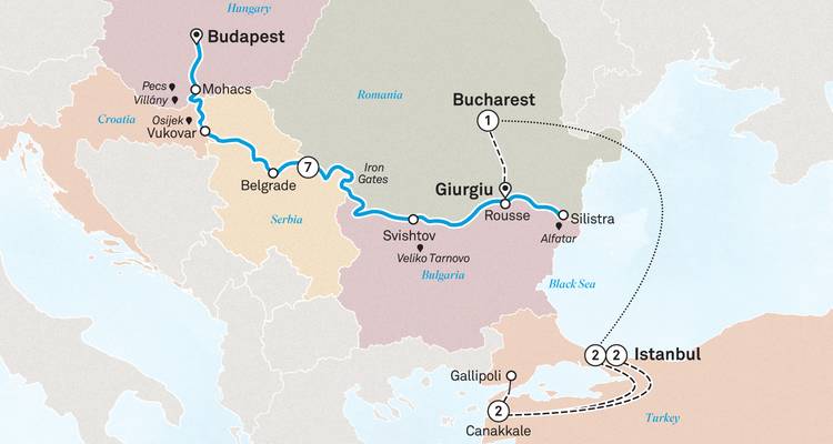 Mapa de crucero por el Danubio que se extiende desde Budapest hasta Estambul con puertos de los Balcanes y extensión a Gallipoli.