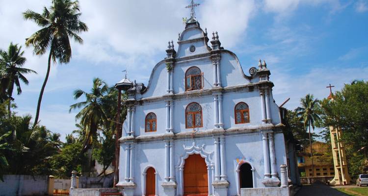 Front view of St. Francis Church surrounded by palm trees.