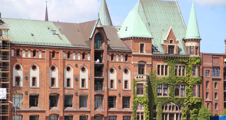 Bâtiments en briques avec des toits verts et du lierre dans le quartier de Speicherstadt.