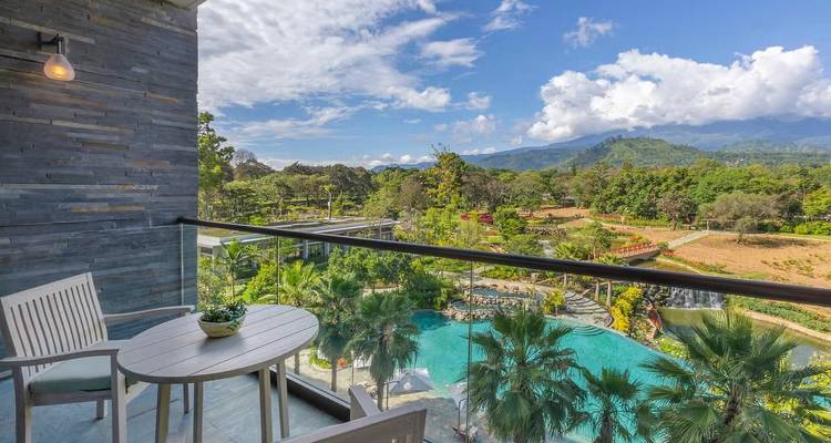 View from a balcony overlooking a resort pool and garden.