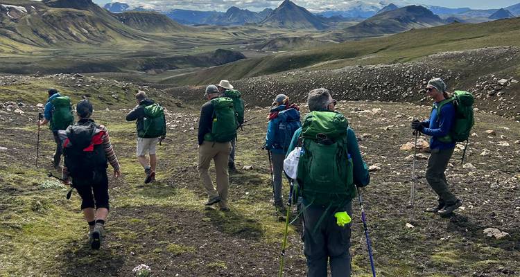 Group of hikers walking through an Icelandic landscape.
