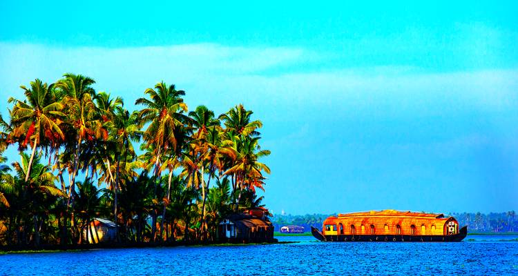 Traditionelles Hausboot auf einem ruhigen Hinterwasser mit Palmen.