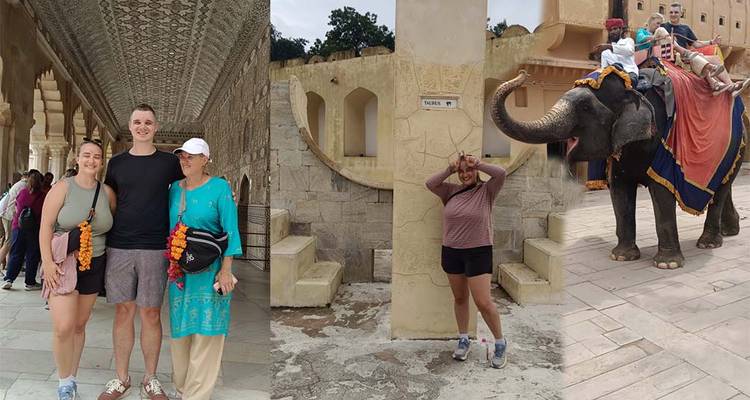 People posing in front of an Indian palace and riding an elephant.