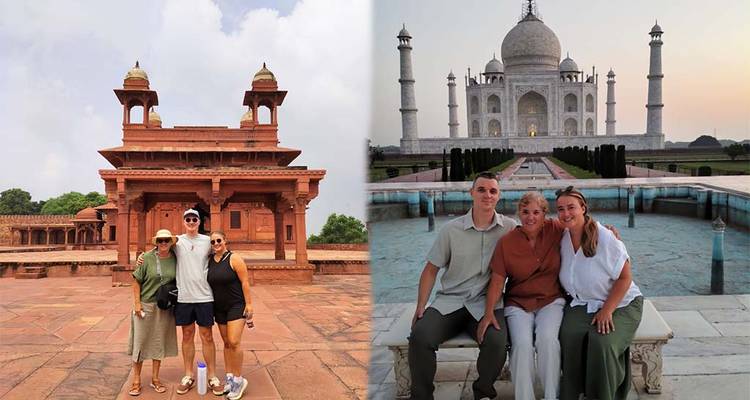 People in front of a historic pavilion and the Taj Mahal in the background.
