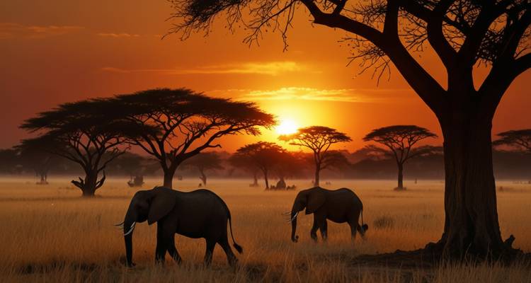 Elephants and acacia trees silhouetted against a dramatic sunset.