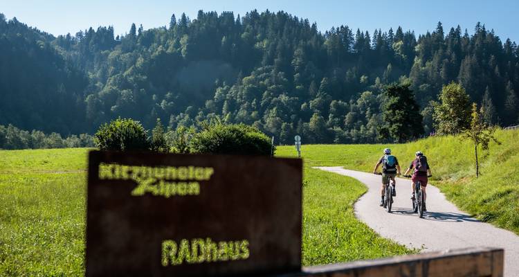 Cyclists on a rural path with lush greenery.