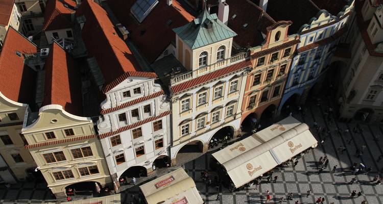 Aerial view of colorful buildings in Prague's Old Town.