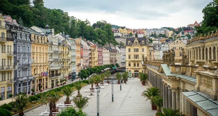 Colorful historical buildings and colonnade in Karlovy Vary.
