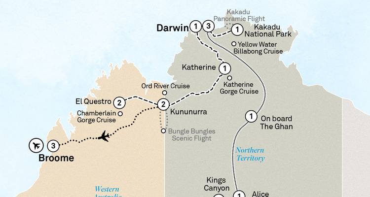 Map showing various locations and routes in Northern Territory, Australia.