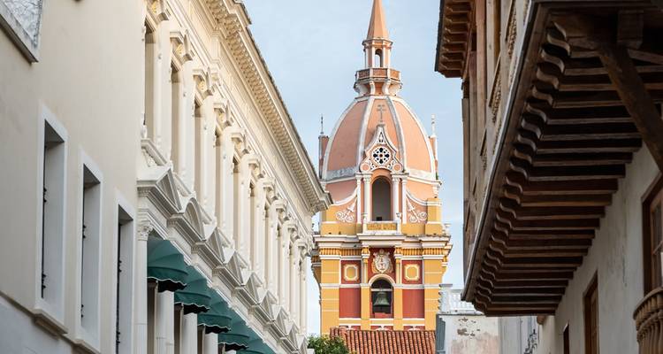 Ornate pink-orange cathedral dome framed by narrow colonial streets