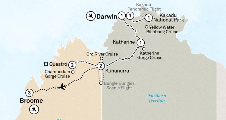 Carte montrant un itinéraire de voyage incluant Broome, Katherine et le parc national de Kakadu.