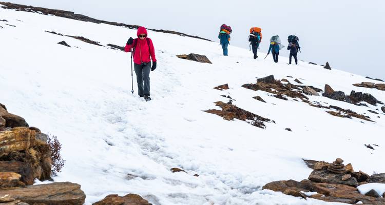 Gruppe von Wanderern, die auf einem schneebedeckten Pfad gehen.