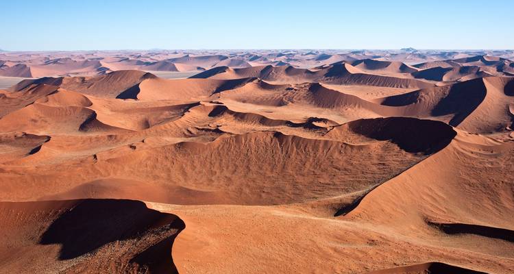 Vast desert landscape with red sand dunes under clear skies.
