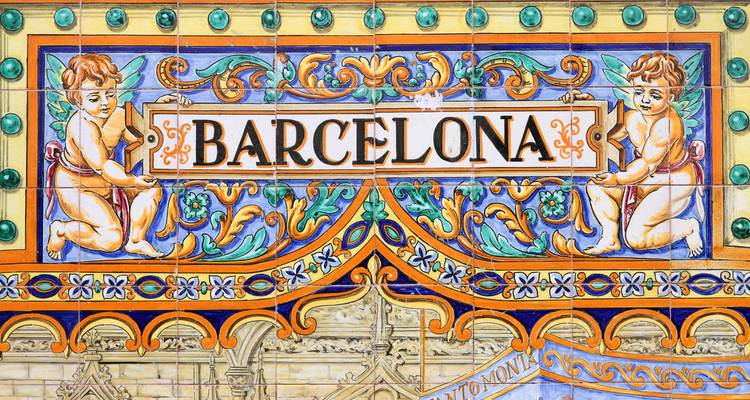 A colorful tile mural with the word Barcelona.