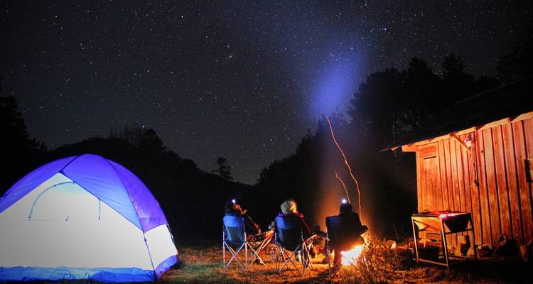 People sitting by a campfire under a starry sky.