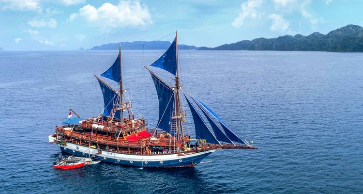 Grand voilier avec des voiles bleues en haute mer.