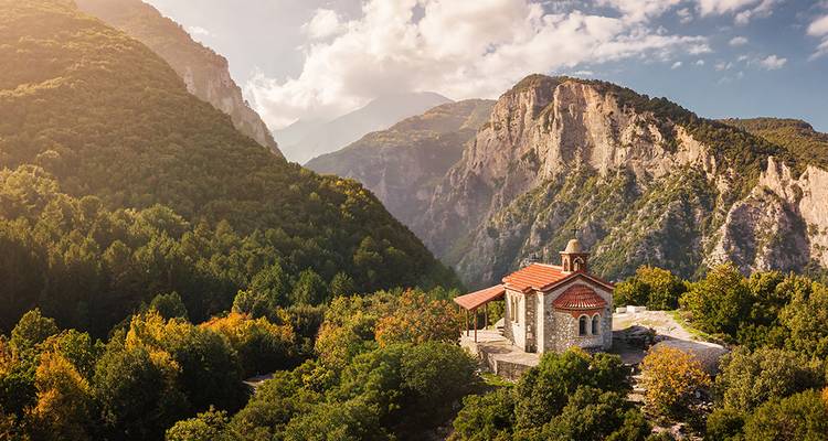 Scenic view of a small church in mountainous forest area, Litochoro, Greece.