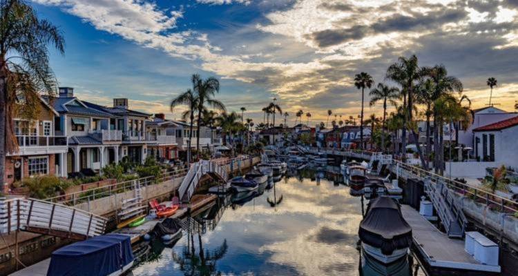 Picturesque canal with boats and palm trees.
