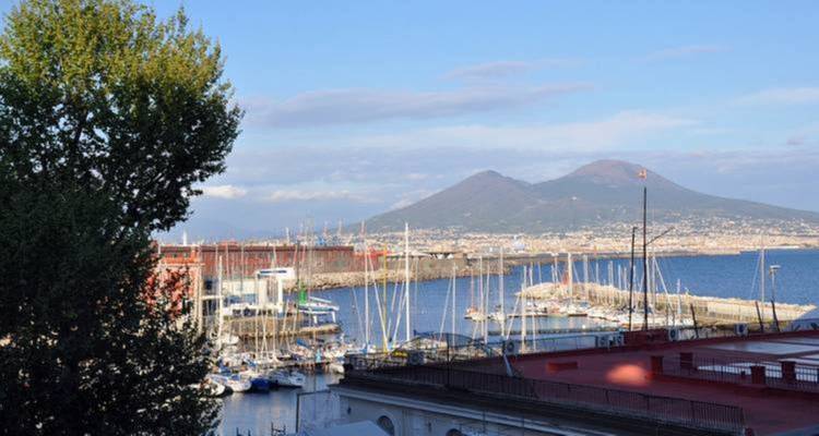 View of Mount Vesuvius and harbor with boats.