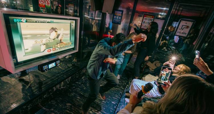Des personnes dans une salle de karaoké, une personne qui danse pendant que d'autres chantent et prennent des photos.