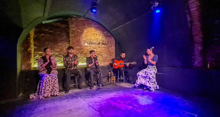 Flamencvoorstelling in een schemering verlichte locatie.