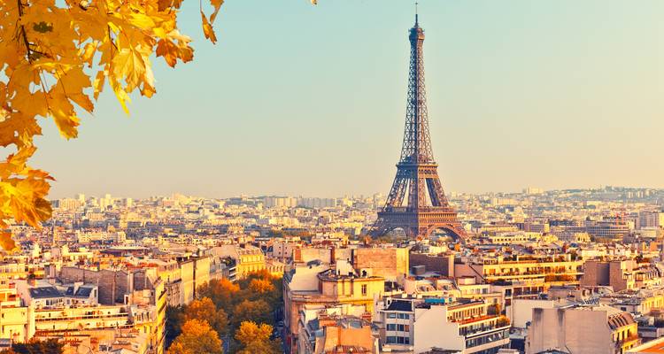 Vista de París con la Torre Eiffel y follaje de otoño.