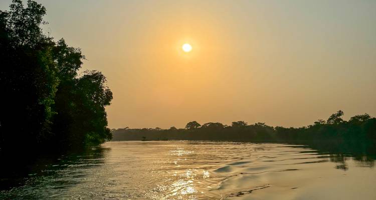 Rivière au coucher du soleil reflétant le soleil avec une forêt luxuriante sur les rives.