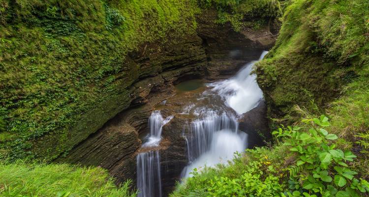 Waterfall in a lush green canyon.