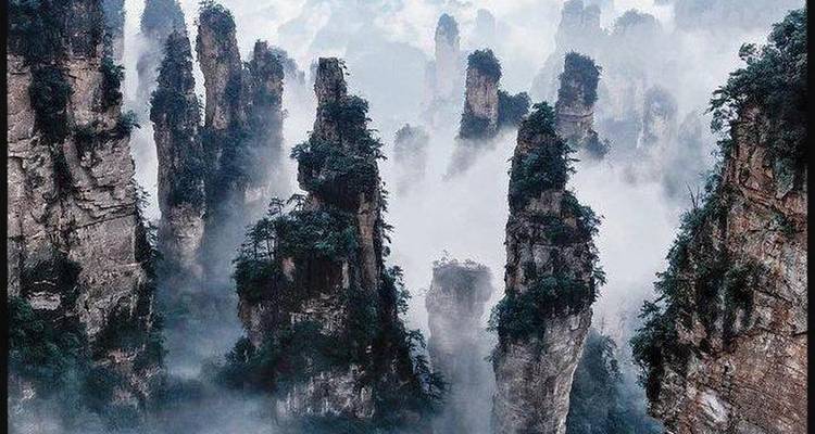 Montagnes brumeuses de Zhangjiajie avec des formations rocheuses uniques.