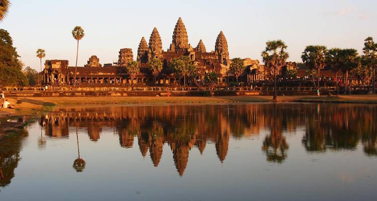 Reflection of temple in a serene lake.