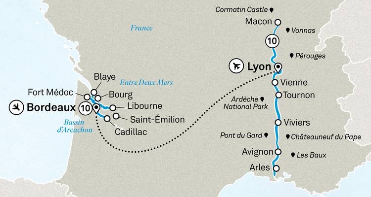 Mapa que muestra una ruta de viaje en Francia alrededor de Burdeos y Lyon.