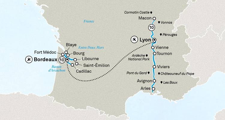 Kaart die een reisroute in Frankrijk toont rond Bordeaux en Lyon.