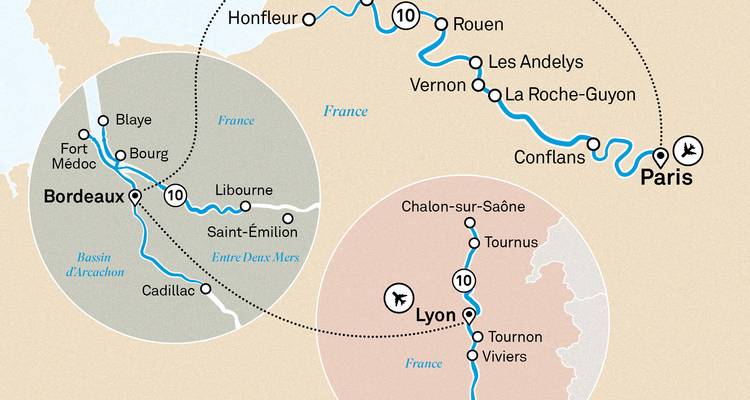 Carte des destinations de voyage en France.
