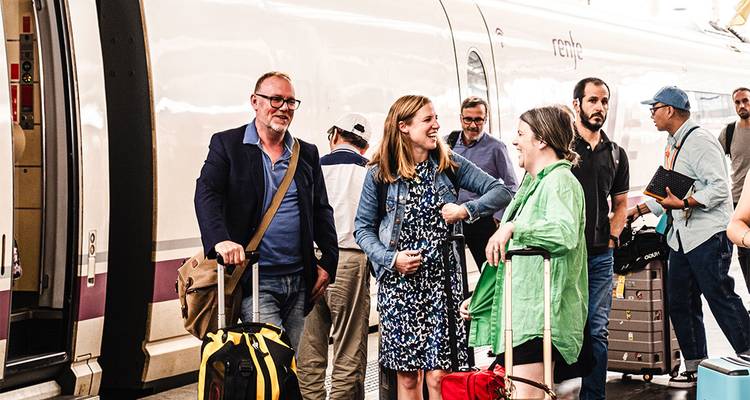 Group of travelers with luggage, boarding a train.