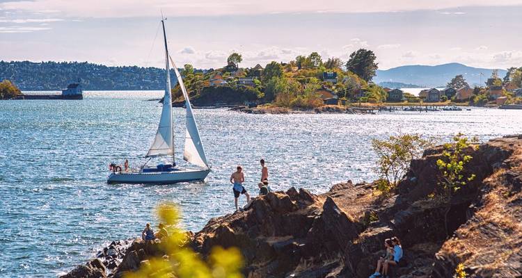 Des gens se détendant au bord de l'eau avec un voilier au loin.