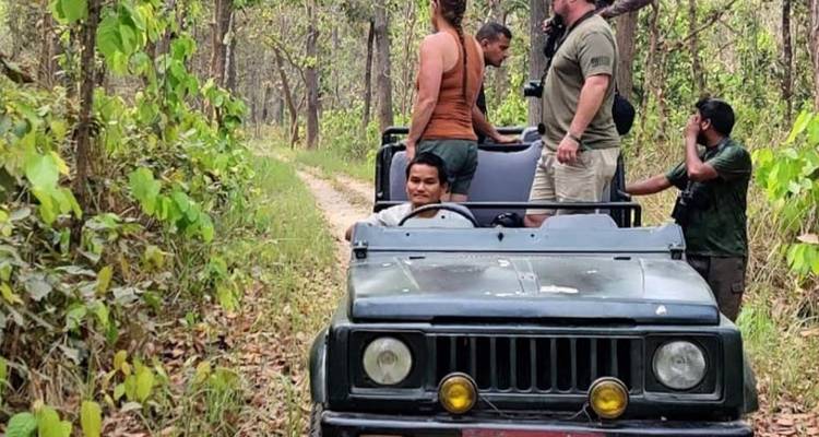 Un jeep con turistas en un safari en una zona boscosa.