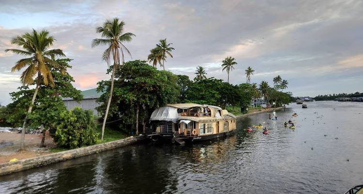 Houseboats anchored along a lush, green riverside.