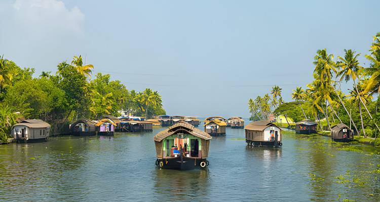 Numerous houseboats on a calm river surrounded by lush greenery.