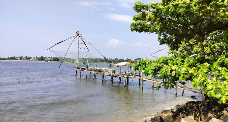 Filets de pêche traditionnels sur une jetée au bord de la rivière au milieu de la verdure.