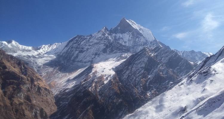 Snow-covered mountain peak with clear sky.