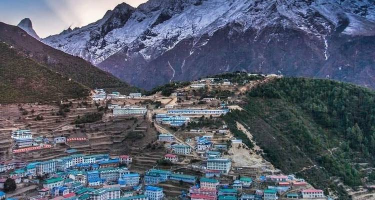 Panoramic view of Namche Bazar with Himalayas.