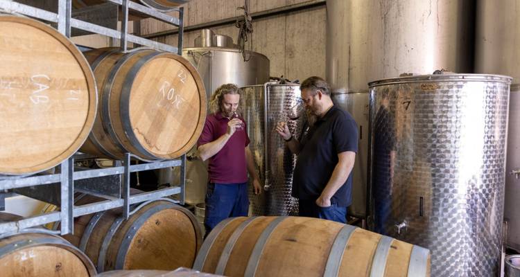 Deux hommes dégustant du vin dans une cave à vin.