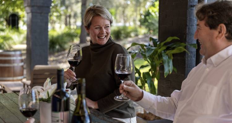 Two people toasting with wine at a vineyard.