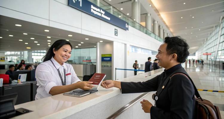 Un membre du personnel souriant à un comptoir d'aéroport tendant un passeport à un client.