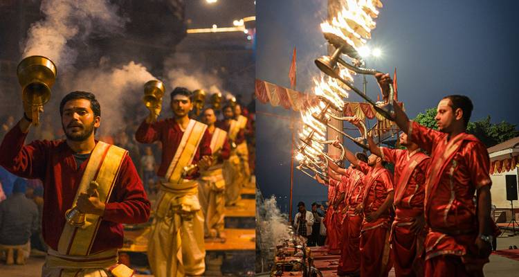 Cérémonie hindoue traditionnelle avec des prêtres accomplissant des rituels.