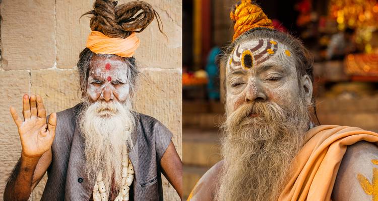 Portraits d'hommes saints avec des vêtements traditionnels et de la peinture faciale.