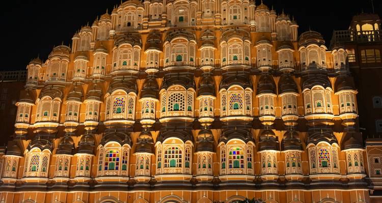 Hawa Mahal beautifully lit up at night.