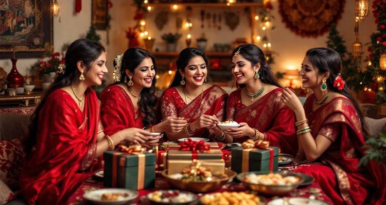 Grupo de mujeres en atuendo tradicional disfrutando de una comida festiva.