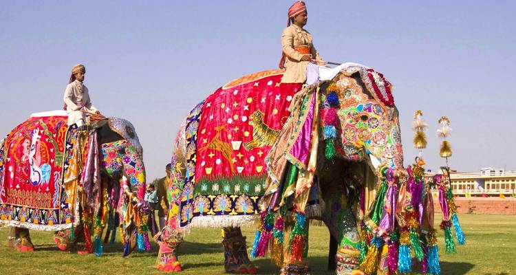 Elephants adorned in colorful fabrics and riders.