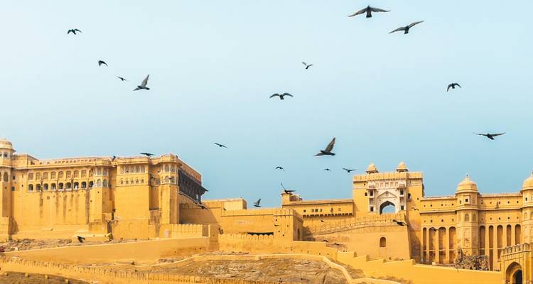 Large fort with birds flying in the sky.